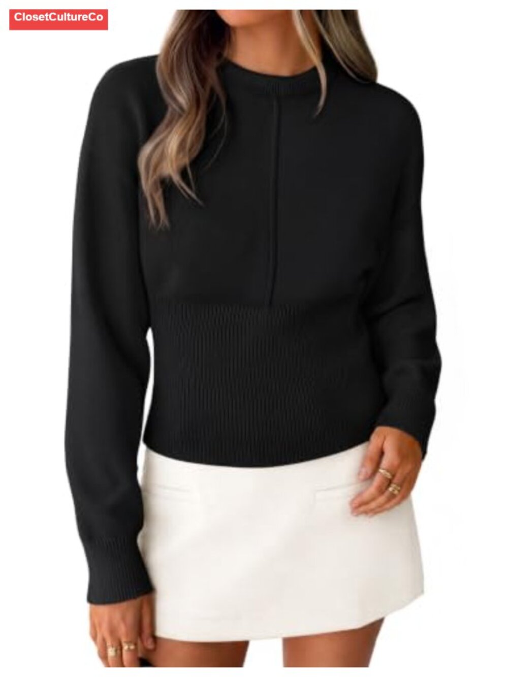 Women's Ribbed Knit Cinched Waist Sweater Crewneck Pullover